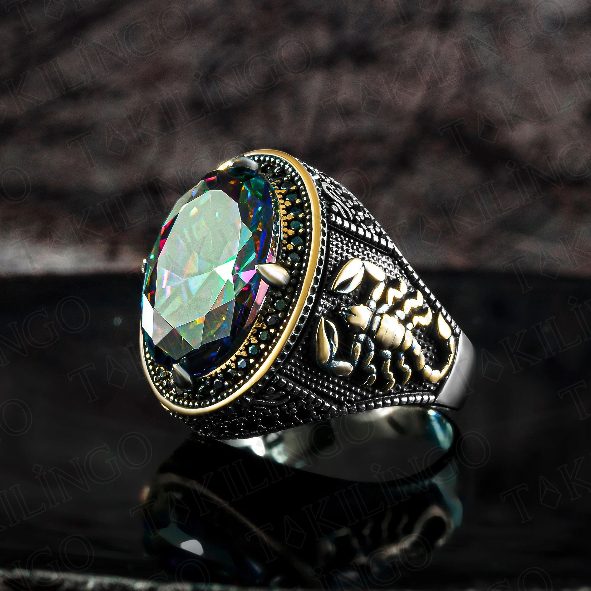 

Elegant Stamped Solid 925 Sterling Silver Scorpion Design Mystical Topaz Men's Ring Handmade Jewelry Turkish Gift For Husband