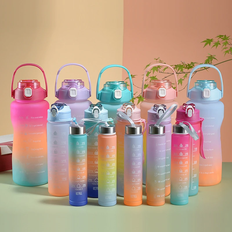 Kit 3 Water Bottle Squeeze Gym With 2000ml 900ml And 300ml Portable Stickers