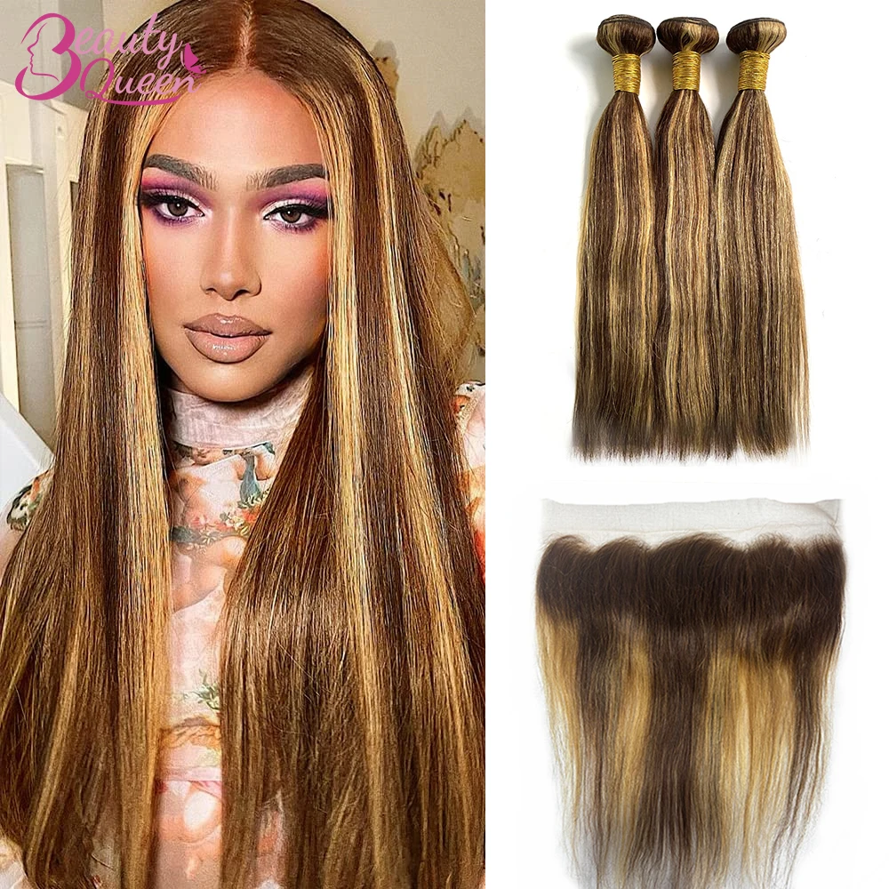 #4/27 Highlight Colored Bundles With Closure Bone Straight Brazilian Human Hair Weave Bundles With 13x4 Lace Frontal Ombre Brown