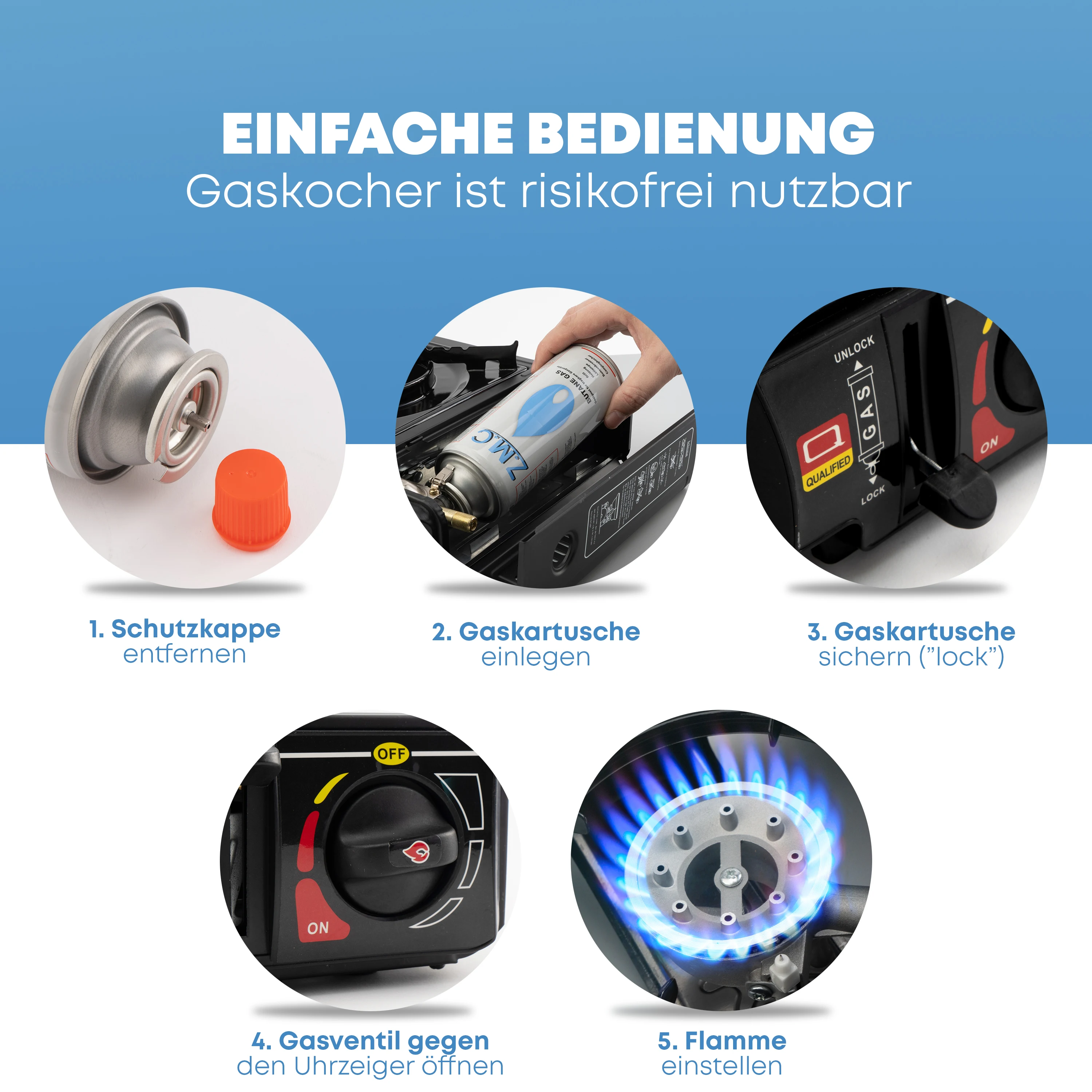 ZMC Gaskocher 1-flammig inkl. 4 Butan Gaskartuschen 227g und Adapter für LPG + Aufbewahrungskoffer, Campingkocher für Outdoor und Innenraum, Campinggaskocher 2,2 kW mit Piezozündung – Detail 4