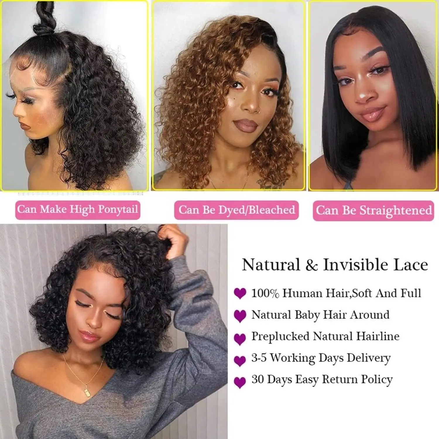 Perruque Bob Lace Front Wig Naturelle Bouclée, Cheveux Courts, Deep Wave, 13 Tages, HD, Pre-Plucked, Baby Hair, Densité 180%, pour Femme Africaine