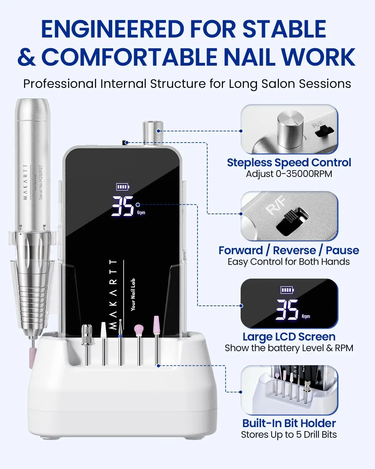 Makartt 35000RPM Nail Drill Cordless Electric Manicure Pedicure Kit Professional E File for Acrylic Gel Nails with Drill Bits view 5