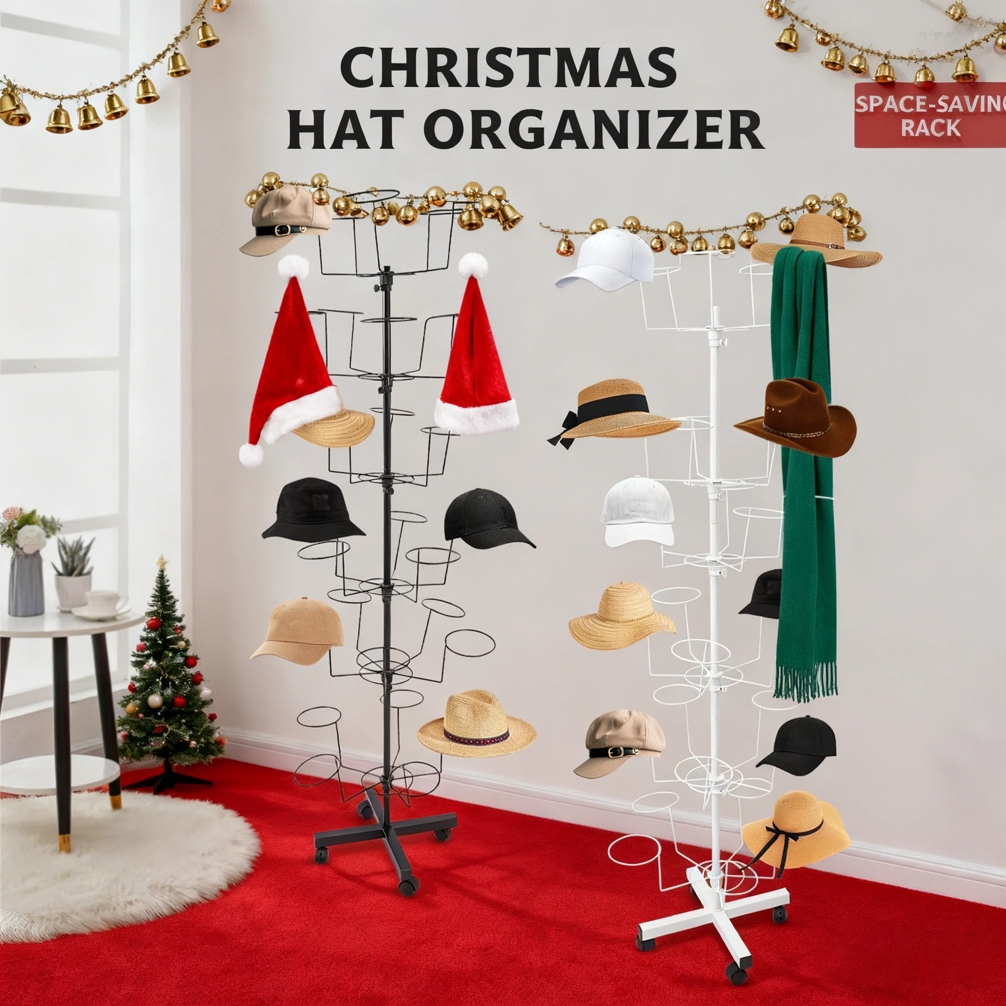

6-tier Hat Rack 30 Hats Capacity Clothing Hanging Iron Mobile Cap Rack Organizer Storage Rack for Home Dormitory Store Christmas