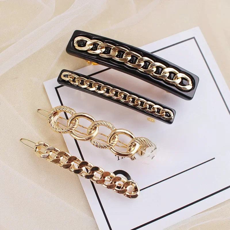 Gorący sprzedawanie moda akrylowy metalowy łańcuch włosów spinka Barrette koreańska ozdoba do włosów akcesoria geometryczny złoty kolor spinki do włosów dla kobiet — zdjęcie 2