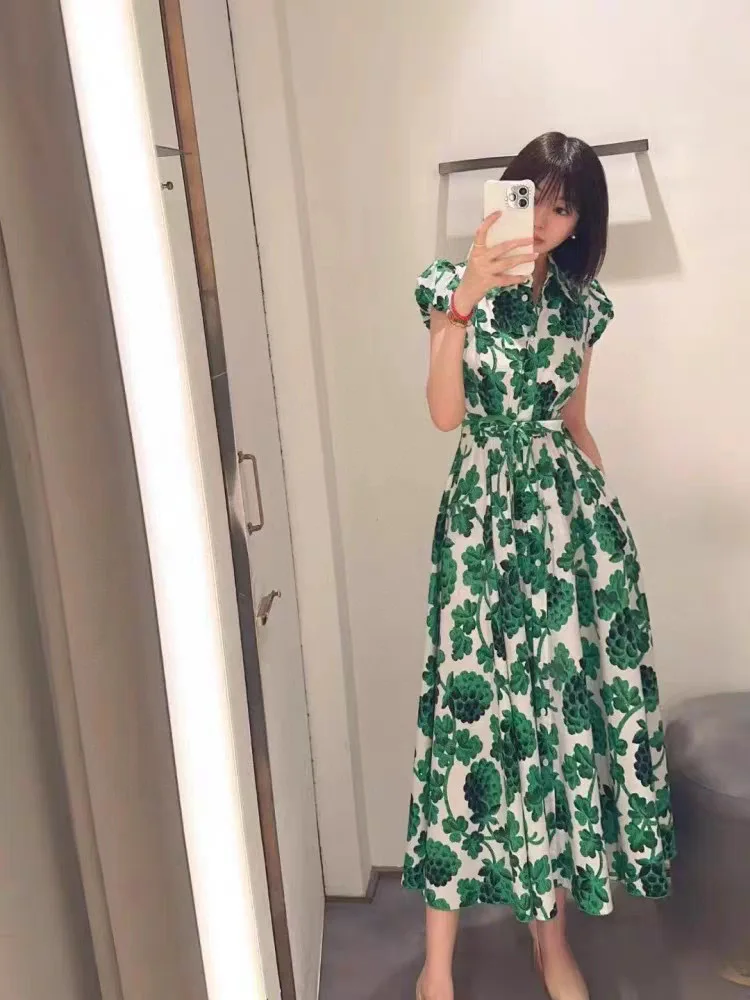 Luxuriöses, elegantes, lässiges Damenkleid aus 100 % Baumwolle mit bedrucktem Gürtel