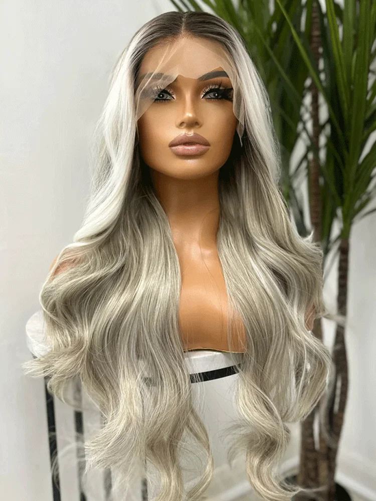 

Long Rooted Light Ash Blonde White MixWavy 13x4Lace Frontal Wig Heat Safe Synthetic Fibre Realistic Hairline For Women Daily Use