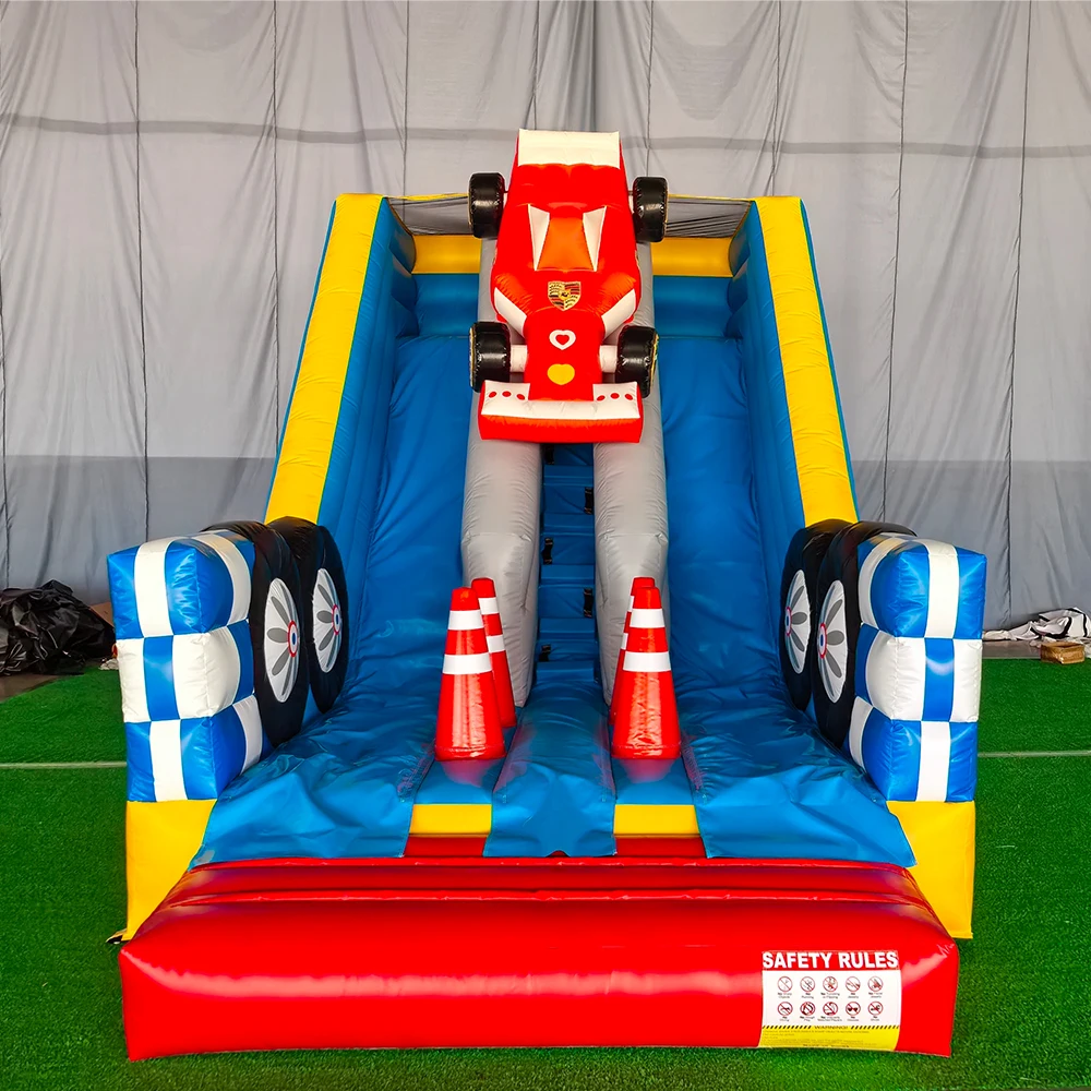 Double-Lane Car Theme PVC Grade Inflatable Bouncer Water Slide With Blower Jummping Bounce Slide For Outdoor Kids Entertainment