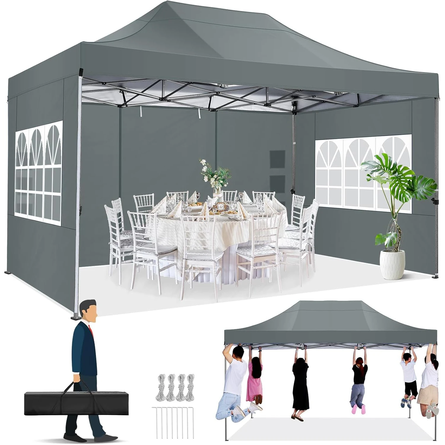 10x15FT Pop up Canopy Tent Heavy Duty Gazebo with 4 Removable Sidewalls, UPF 50+ UV Protection, All Weather Waterproof Wind Resistant Commercial Outdoor Wedding Party Event Canopy, One Person Instant Setup, Adjustable Height, Carry Bag Included
