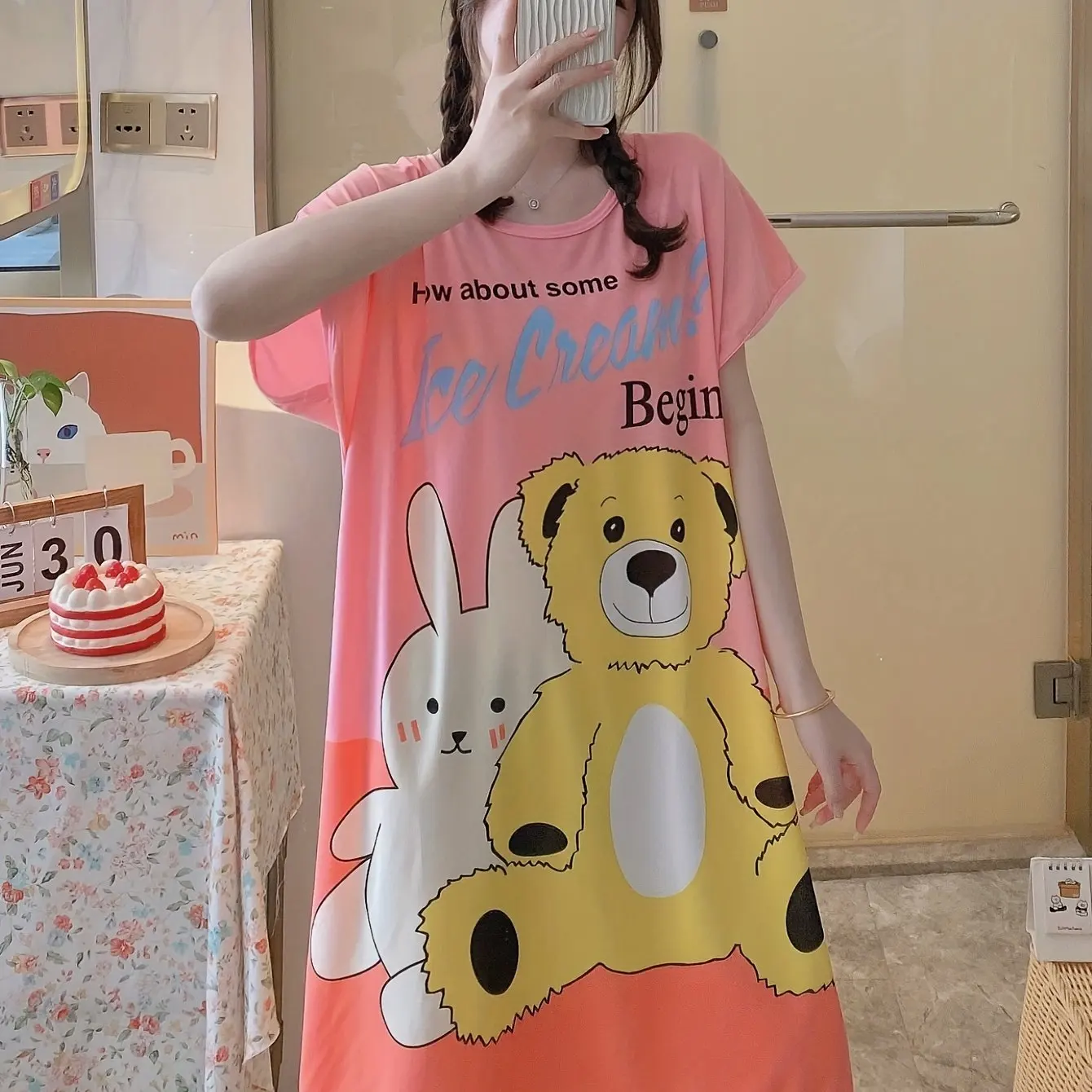 Cute Cartoon Slogan Printed Pajamas Short Sleeve Nightgown Girls Style Student Dress Plus Size Ladies Summer Knee Length Dresses