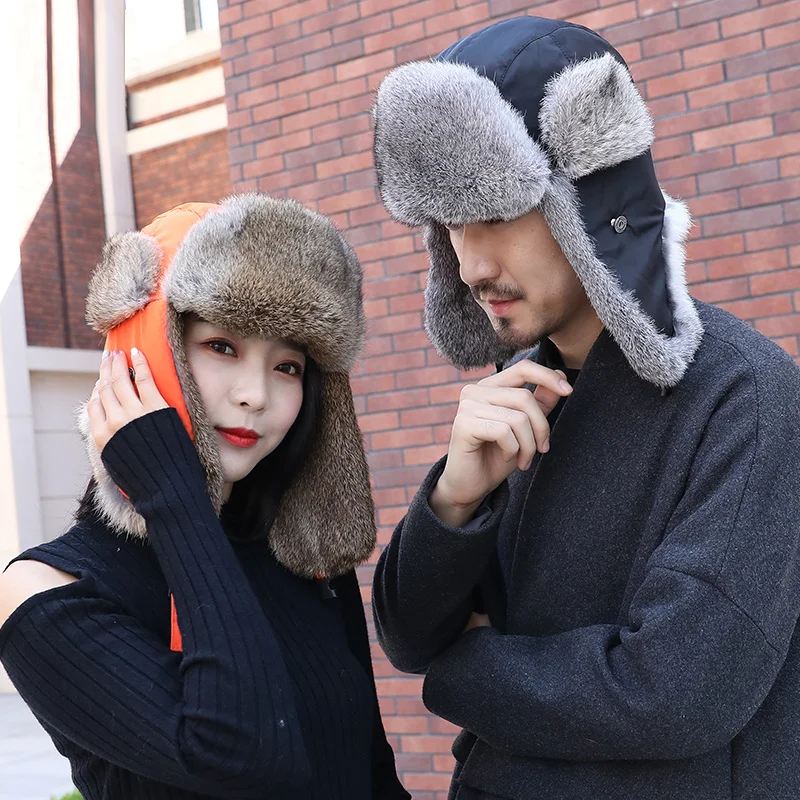 Rabbit Fur Hat Man Winter Genuine 100% Fur Bomber Hat Windproof Warm Earmuffs Male Flat Grey Black Russian Hat With Ear Flap