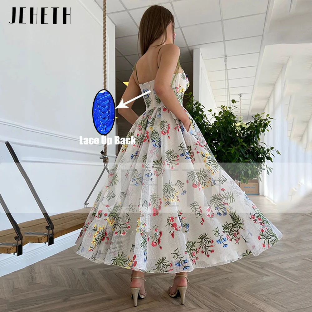 JEHETH Embroidery Lace Midi Tulle Prom Dress Sweetheart Spaghetti Straps A-Line Formal Party Gowns with Pockets Vestido Festa