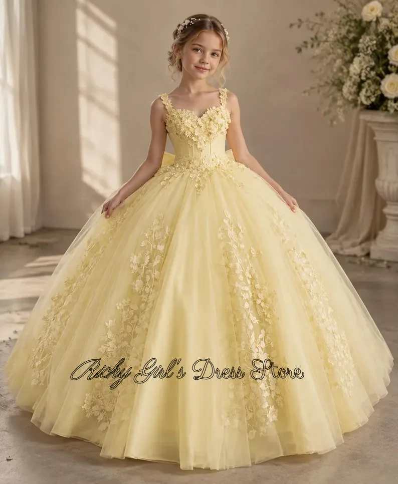 Custom Yellow Flower Girl Dress Tulle Floral Appliques For Wedding Birthday Spaghetti Straps Prom Party Banquet Princess Gown