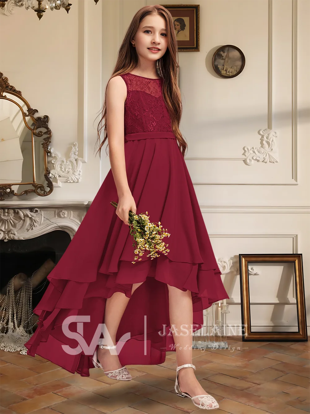 Элегантное асимметричное кружевное шифоновое платье трапециевидной формы для подружек невесты с каскадными оборками, платье с цветочным узором для девочек, свадебная вечеринка