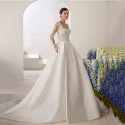 A-line Satin Wedding Dress 2026 Customized Lace Bridal Dress Pockets Open Back Long Sleeve Women Princess Brides Wedding Gown