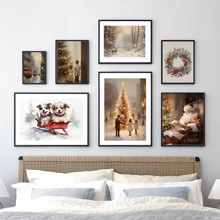 Ski Puppy Christmas Tree Santa Claus Christmas Eve Vintage Car Fashion Wall Art Canvas Painting Nordic Poster Room Decor