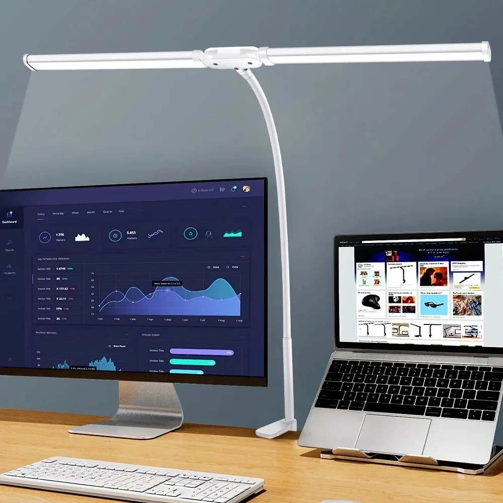 Lampa biurkowa LED z podwójną głowicą, bezstopniowo ściemnialna, do monitora biurowego, lampka na biurko, lampka do czytania w sypialni, ochrona oczu — zdjęcie 2