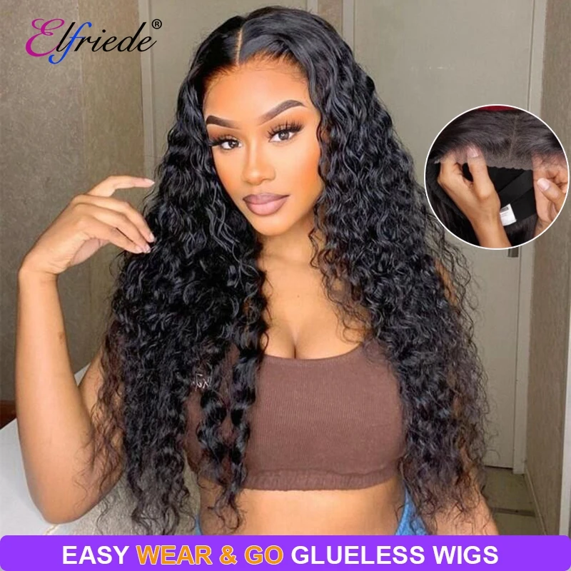 

Elfriede Water Wave Glueless Wigs Human Hair Ready to Wear 4X4 Lace Closure Natural Black Precut Preplucked Hair Wig for Women