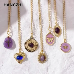 Romantic Purple Crystal Necklace Enamel Butterfly Flower Cross Heart Pendant Stainless Steel Necklace for Women Jewelry Gifts