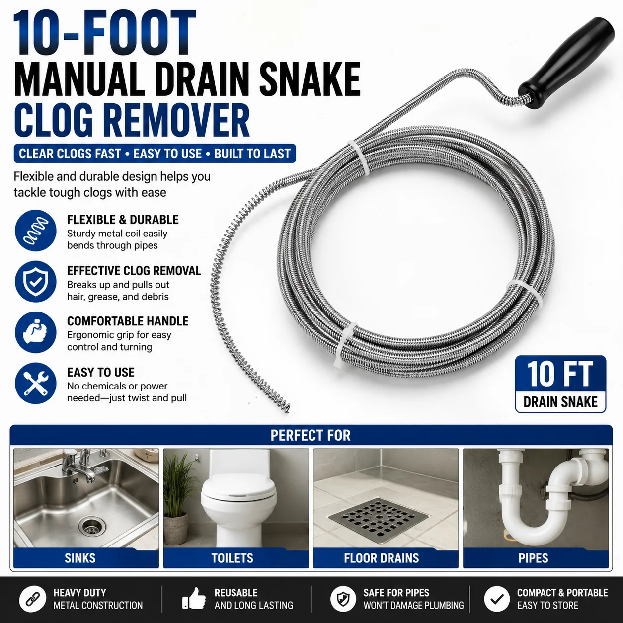 10FT Manual Drain Snake Clog Remover Flexible Metal Plumbing Auger Hair Cleaner Tool For Sink Toilet Drain Pipe