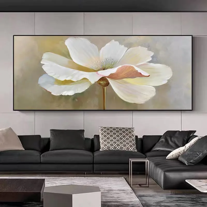 Palette Knife Hand Painted Gentle White Bloom Oil Painting, Muted Warm Background Minimalist Floral Canvas Wall Decor Art