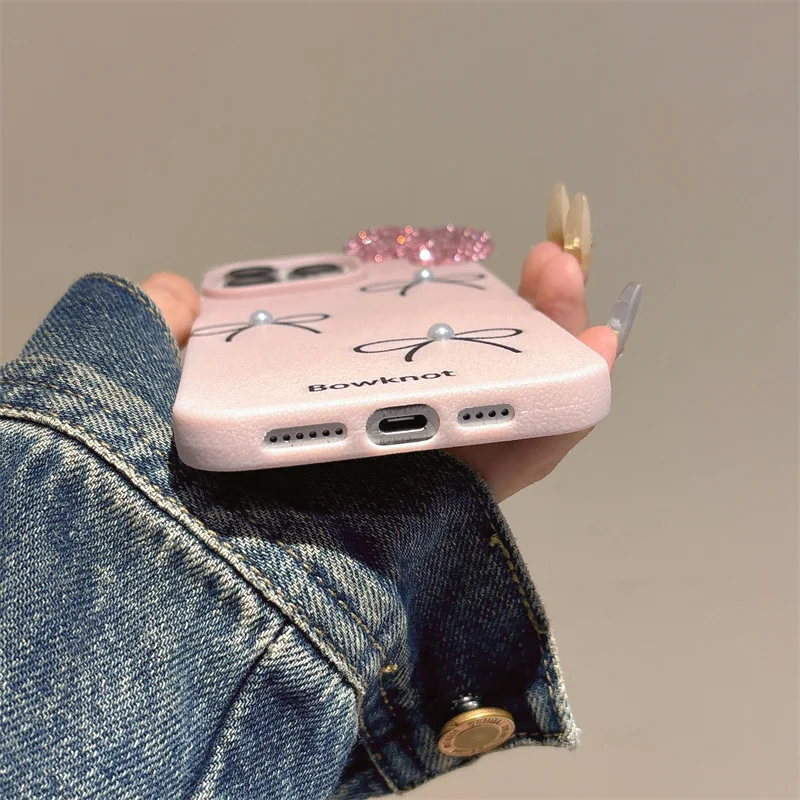 Luxury Flash Diamond 3D bow for iPhone 14 Phone case Pink cover for 13 15 16 Pro Max Cute Women Pearl silicone shockproof cover