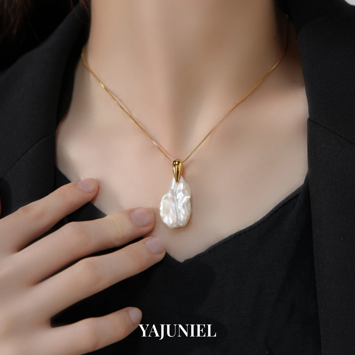 YAJUNIEL Natural Flat Baroque Pearl Necklace for Women 24K Gold Plated Hypoallergenic Adjustable Dainty Chain Jewelry Gift