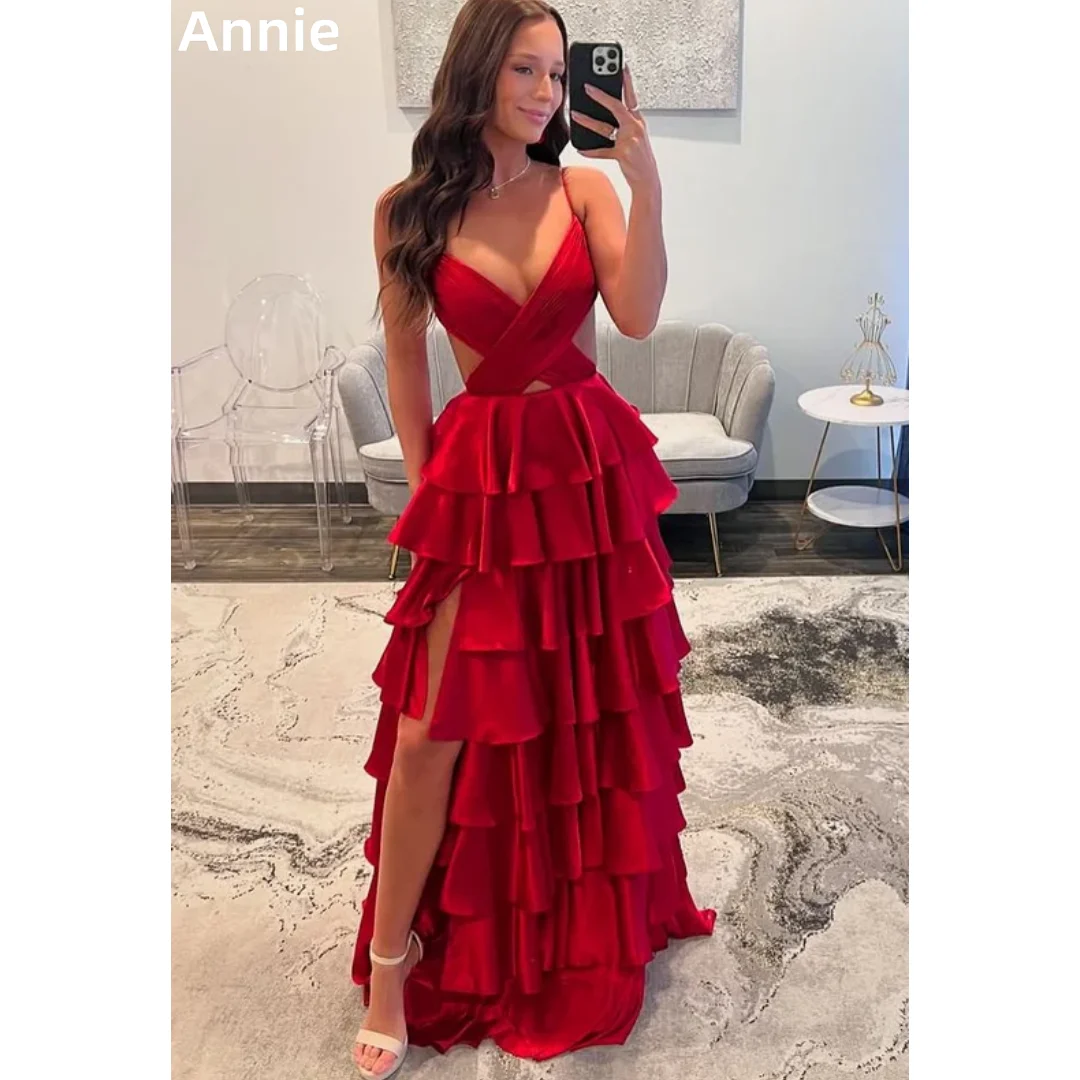 

Annie Red Open Back Prom Dresses Handmade Ruffles Multi-layer Evening Dresses A-line Ankle Length Lady Party Dresses فساتين سهرة