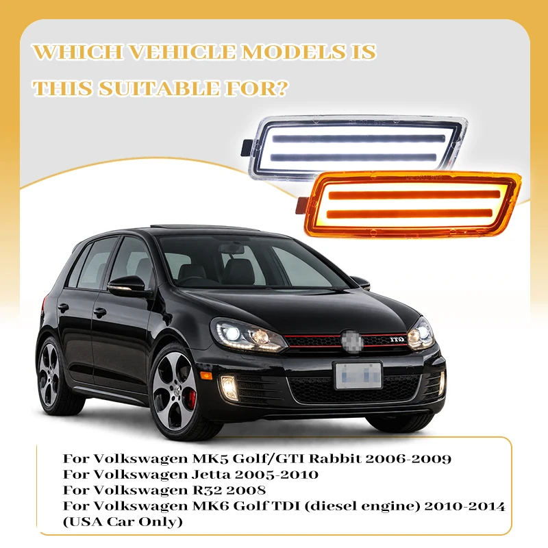 For Volkswagen 2006-2009 MK5 Golf/GTI Rabbit, 2005-2010 Jetta,R32 Amber LED Bumper Side Marker Light OEM Front Sidemarker Lamps
