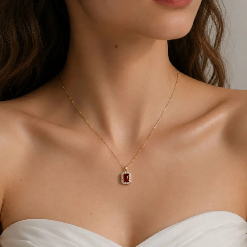 Metiseko Natural Red Agate 925 Sterling Silver Chain Chocker Necklace Retro Square Agate Pendant Necklace Waterproof for Women