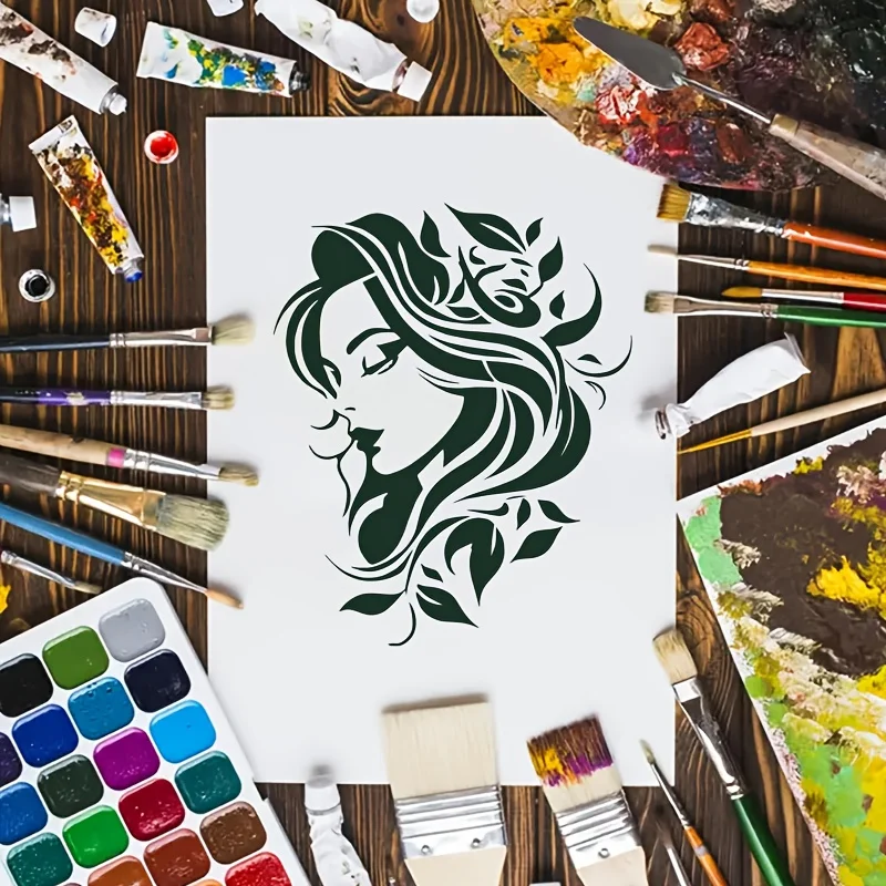 1PC A4 11.69×8.27인치 여신 얼굴 꽃 스텐실 DIY 페인팅 템플릿 벽 패브릭 나무 종이 홈 장식 공예품