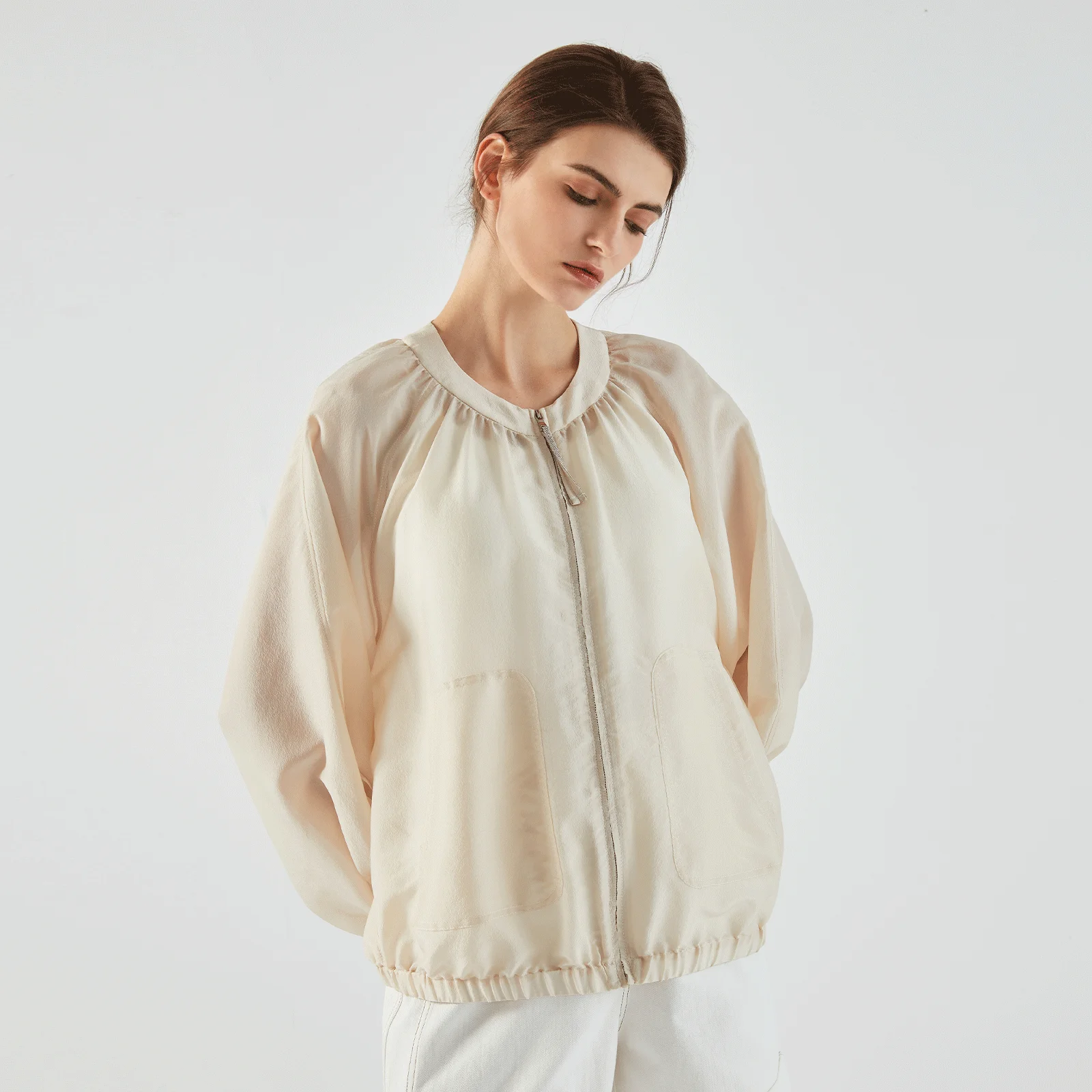 

K1605L Luxury Brand Silk Blend Jacket Women's Round Neck Zip Up Thin Coat High Grade Acetic Acid Fabric Runway Style Tops