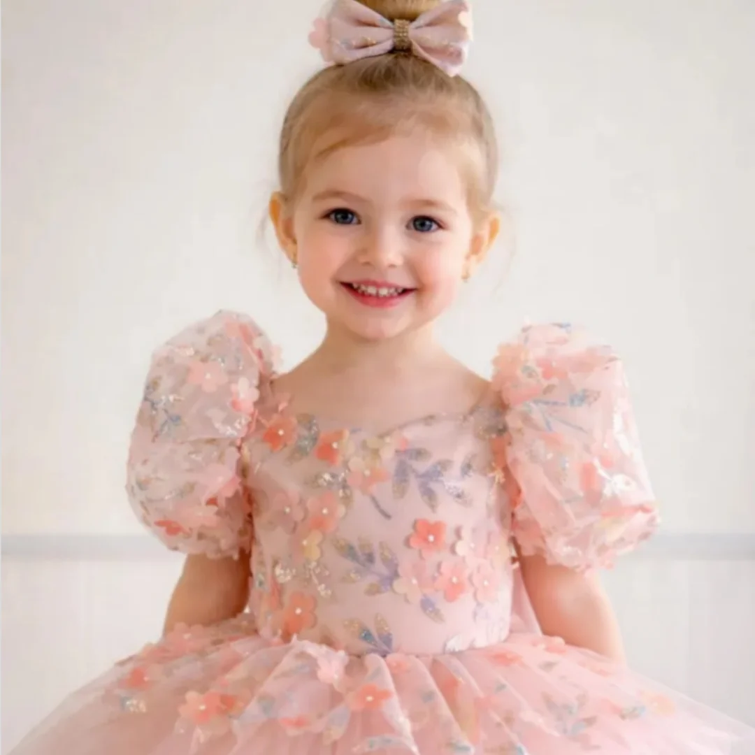 3D Floral Flower Girl Dresses Sequins Appliques Infant Pinktoddler Child Vestido Party Pageant Birthday Baby Clothes Customized