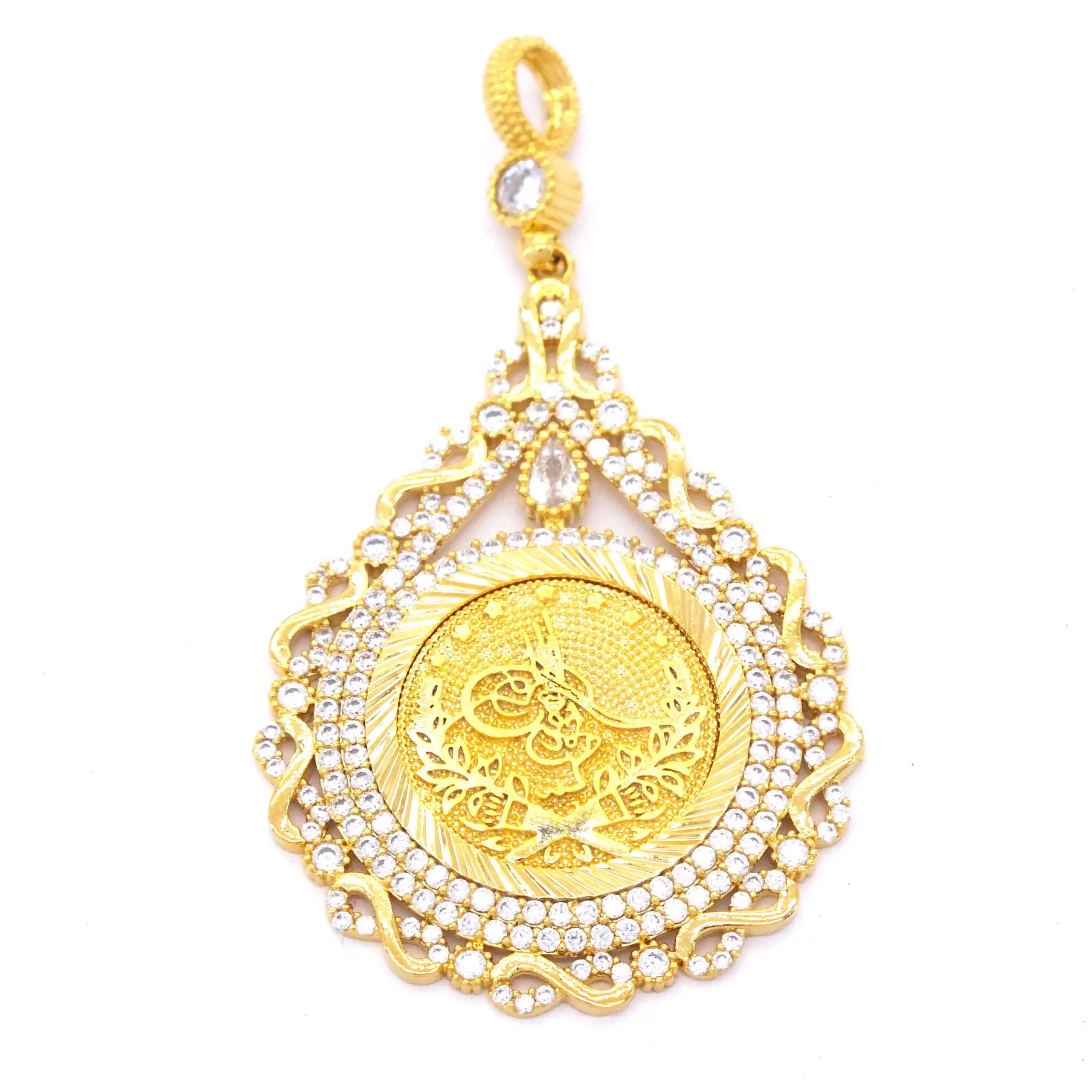 Gold Plated Women's Pendant Chain Tugra Drop Pattern Zircon Stone Round New Fashion Turkish Tradition Wedding Engagement Gift