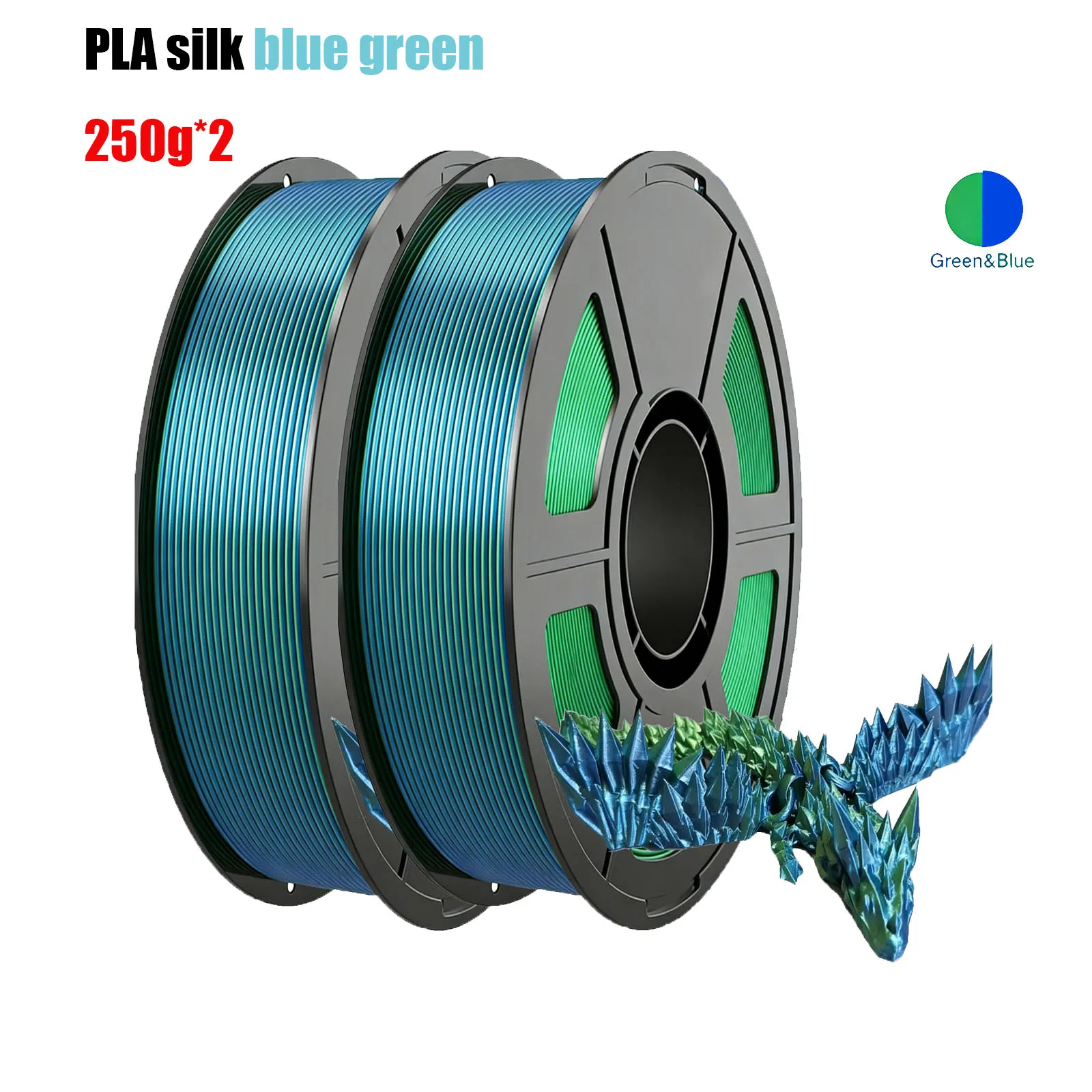 

Silk Dual Color Blue Green PLA 3D Printer Filament 1.75mm Shiny Coextrusion Color Change 500g Spool for 3D Printing