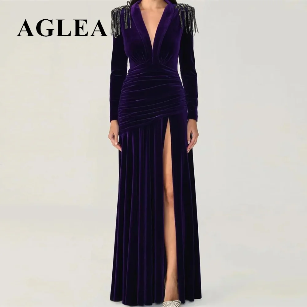 Aglea 2024 Ballkleid Saudi-Arabien Abendkleid elegante V-Ausschnitt A-Linie boden lange Kleider Strass Quaste Velours angepasst