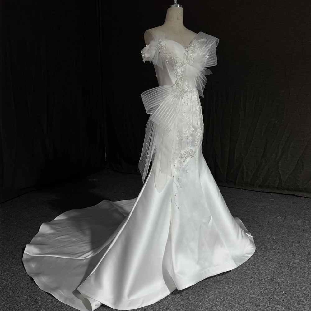 Mermaid Satin Wedding Dresses For Bride Woman Pearls Beading Off The Shoulder Vestido De Novia Boda
