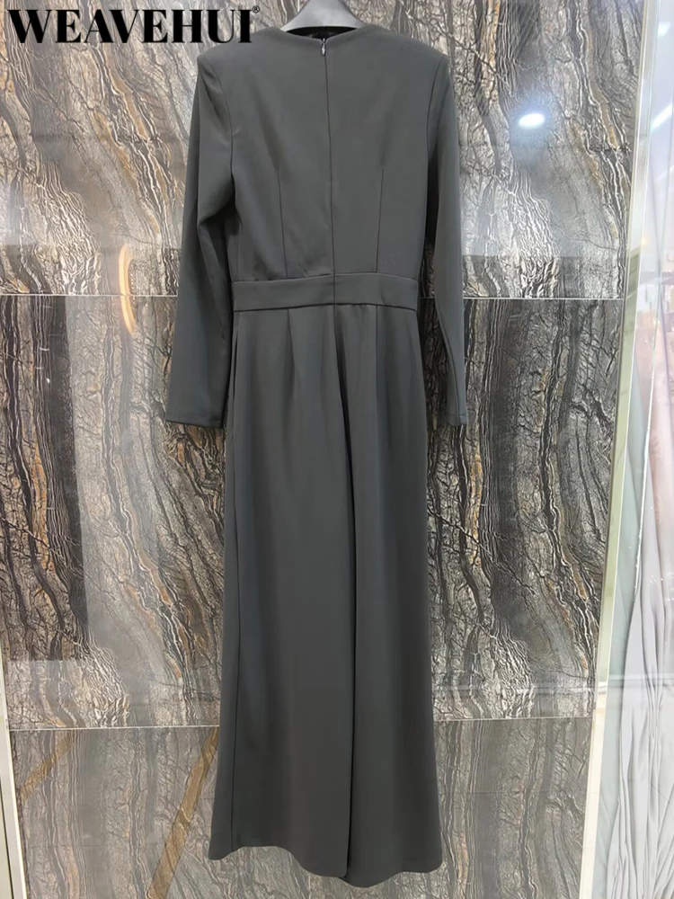 WEAVEHUI Women New model Solid Spring Summer High Street Slim Temperament Jumpsuit Square Collar Long-sleeved Splice Design