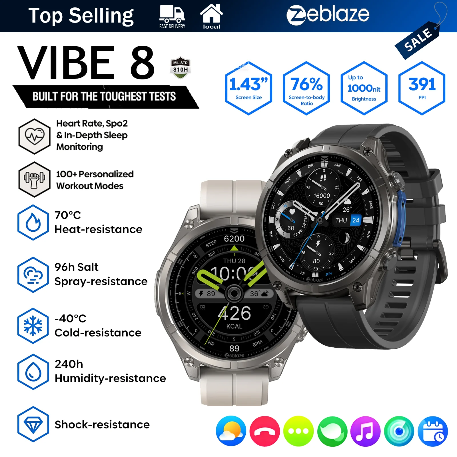Montre Connectée Robuste Zeblaze Vibe 8, Écran AMOLED 1,43", Verre Saphir, Étanche 5ATM/IP69K, Lampe LED, Appel Bluetooth, Surveillance Cardiaque/SpO2, Modes Sportifs, Batterie 60 Jours, Montre Intelligente Militaire