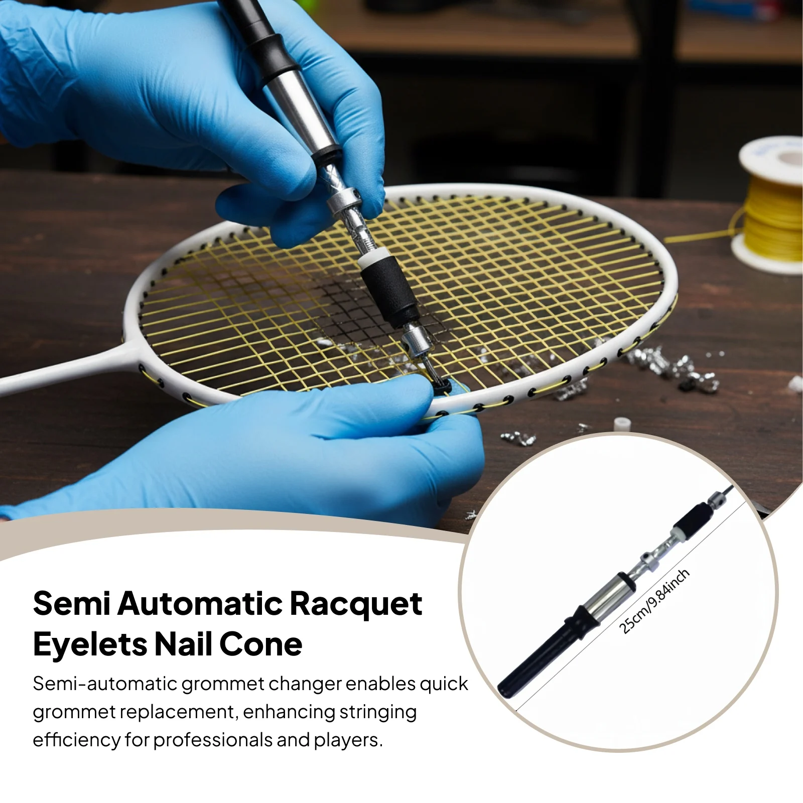 

Semi Automatic Badminton Racket Grommet Remover Racquet Eyelets Nail Cone Aluminum Alloy Stringing Device Pinning Edge Tool