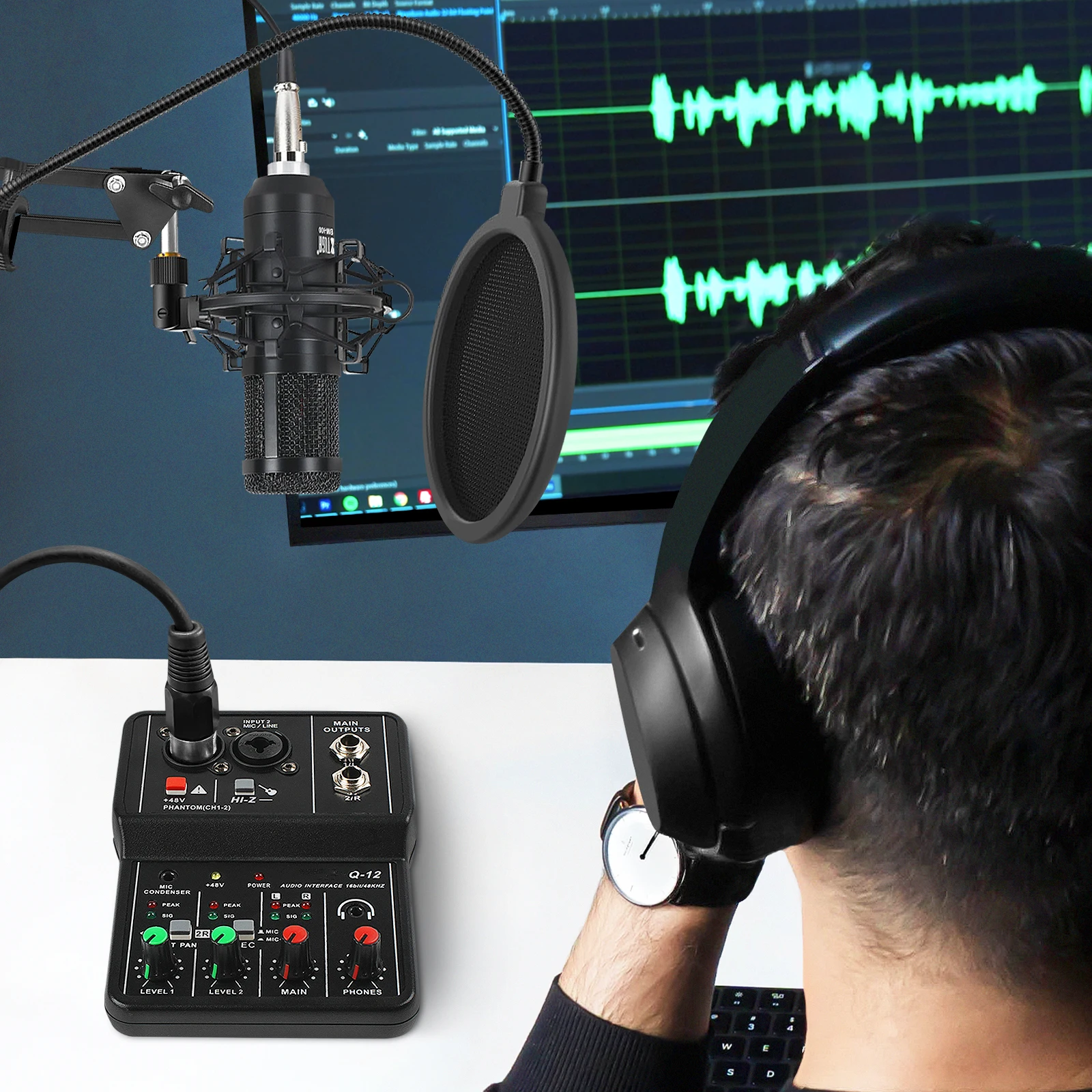 XTUGA Q-12 อินเทอร์เฟซเสียงแบบพกพา ระดับมืออาชีพ สองช่องสัญญาณ การ์ดเสียง อินเทอร์เฟซ USB สำหรับบันทึกเสียงกีตาร์ การแสดงสด