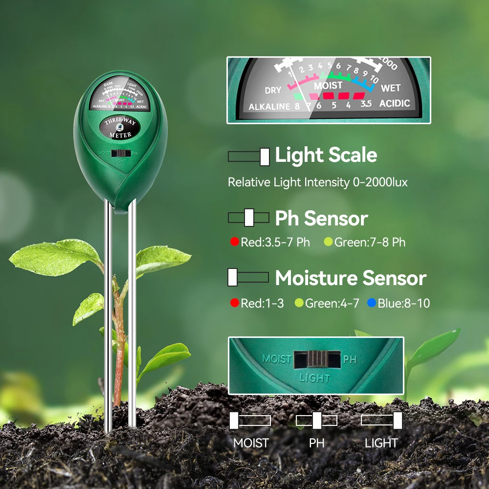 3 in 1 Soil PH Meter Sunlight Tester TR-01 Humidometer PH Measuring Tool Moisture Detector Acidity Humidity Monitor For Garden