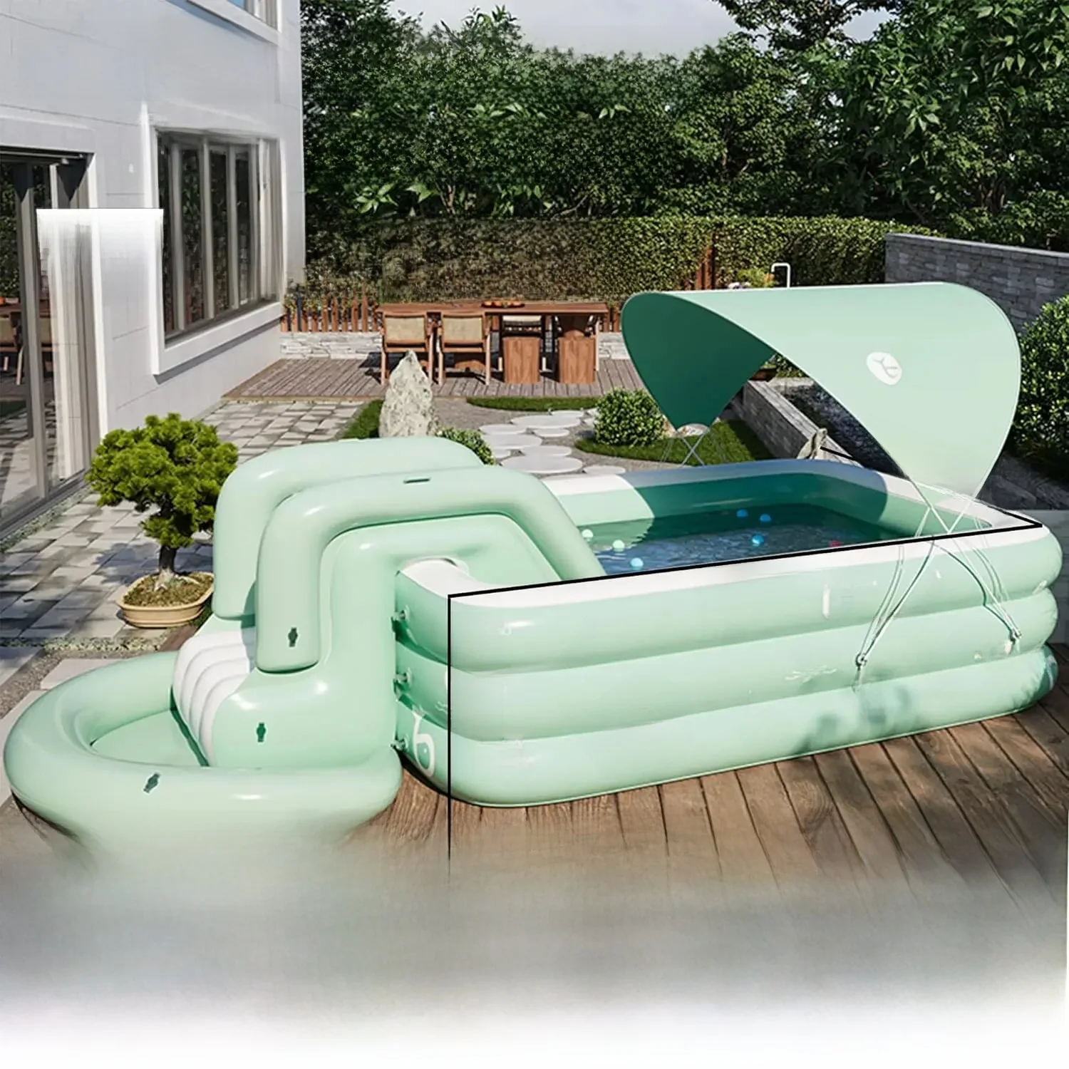 Aufblasbarer Pool mit Baldachin und Rutsche, großes aufblasbares Schwimmbad für Personen, Familienpool für Hinterhof, Outdoor