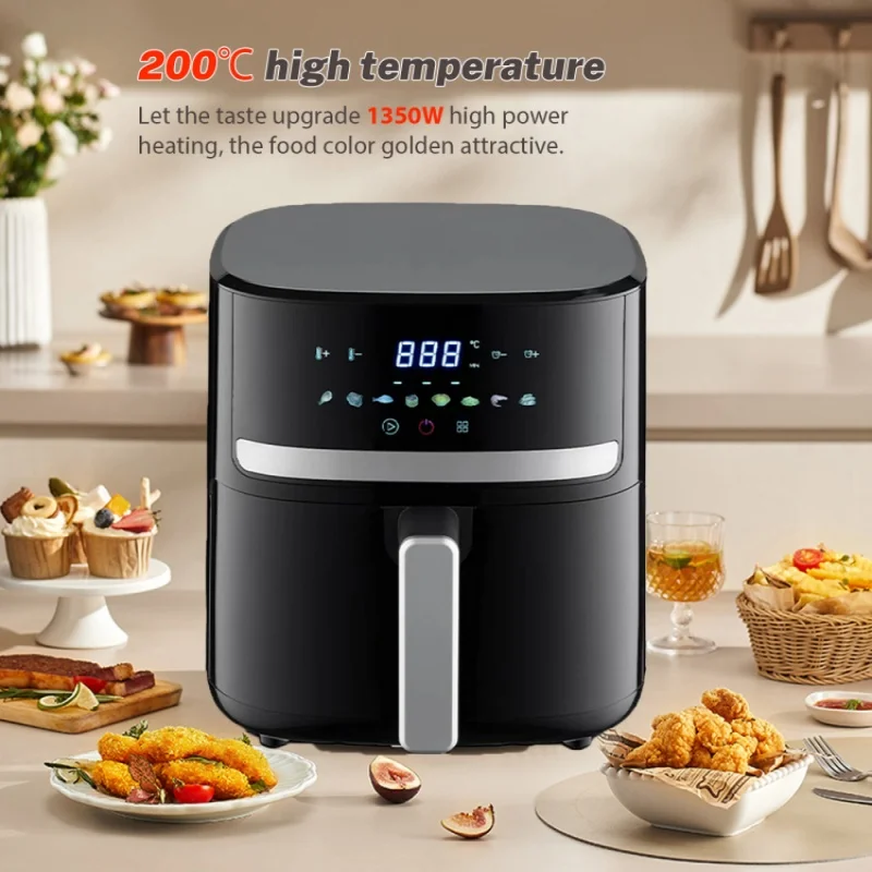 Multifunctional smart home air Fryer with 8 customizable cooking programs, tempered glass display, non-stick basket