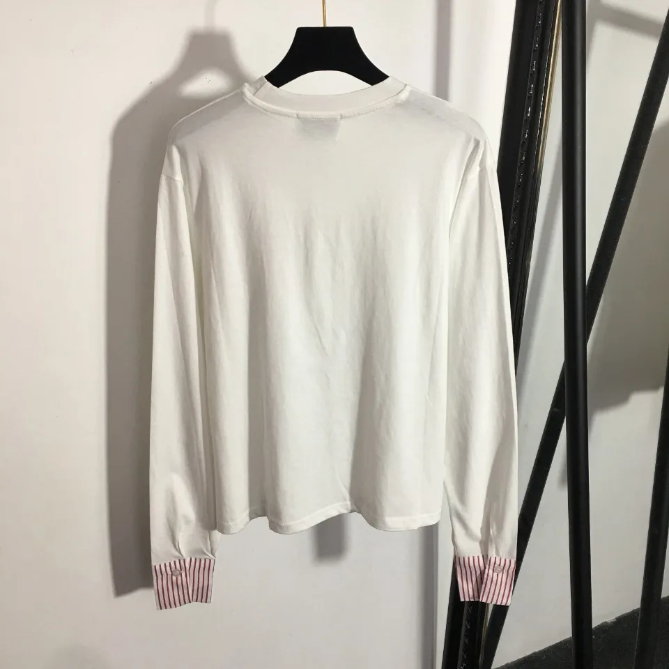 

2025 New Woman Clothe Striped Color Blocking Pocket Round Neck Long Sleeve T-Shirt Bottoming Shirt Top White Skin-Friendly