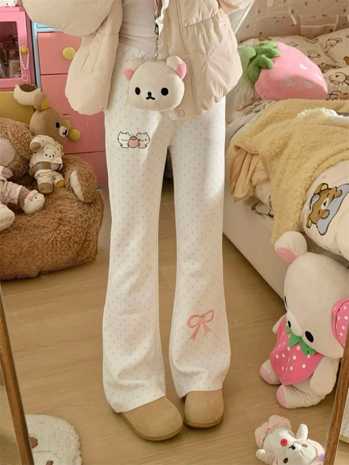 Herbst-Design Schlanke Elastische Taille Schlaghose Kawaii Süße Polka-Dot Dünne Bestickte Hose Damen Liebliche Hübsche Freizeithose – Detail 3
