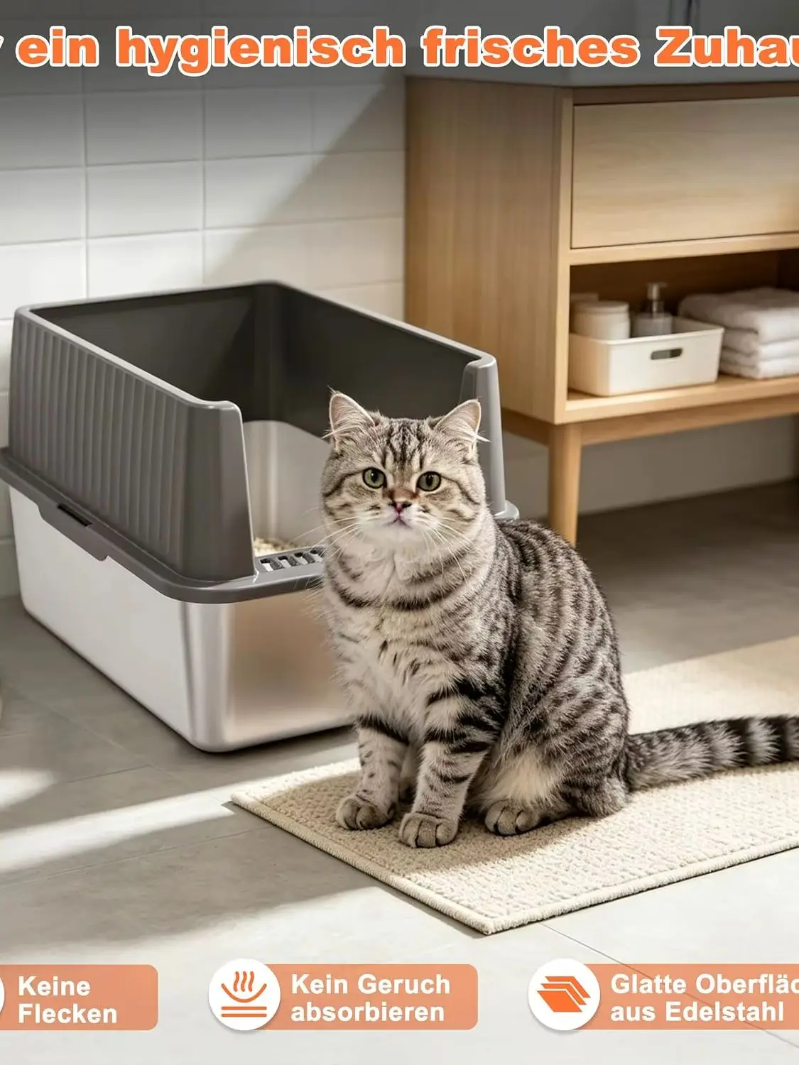 Edelstahl Katzenklo mit Hohem Rand 44 × 34 × 30 cm, Katzentoilette mit Spritzschutz und Anti-Rutsch-Pads, Leicht zu Reinigen, für Katzen und Große Katzen, Grau