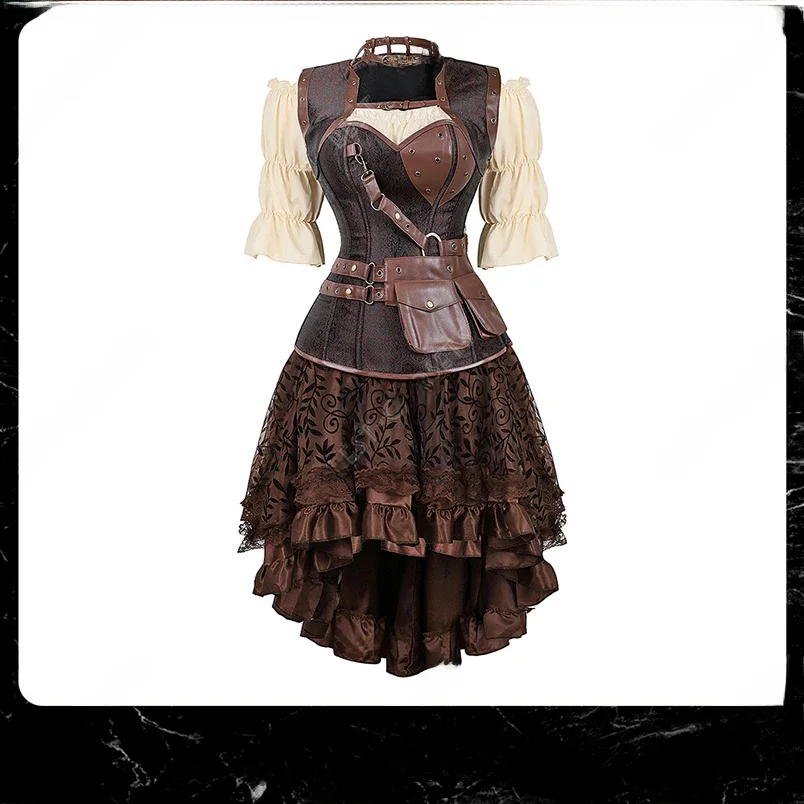 Steampunk gorset sukienka kostium pirata dla kobiet Halloween średniowieczna bluzka gotycka gorset ze sztucznej skóry sukienka z paskami brązowy — zdjęcie 2