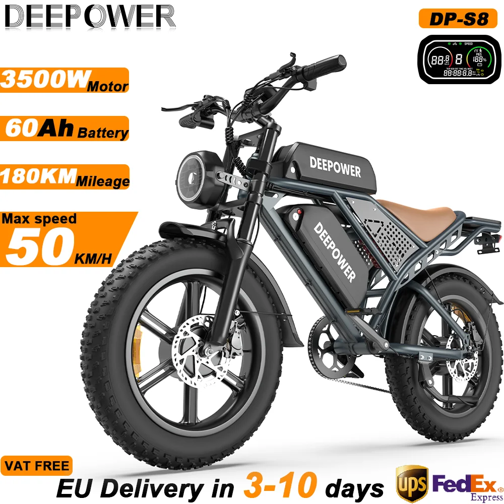 DEEPOWER S8 Elektrische fiets voor volwassenen 3500W Dubbele motor 48V 60Ah Off-road elektrische fiets met dubbele batterij Hydraulische rem 20" Band Ebike