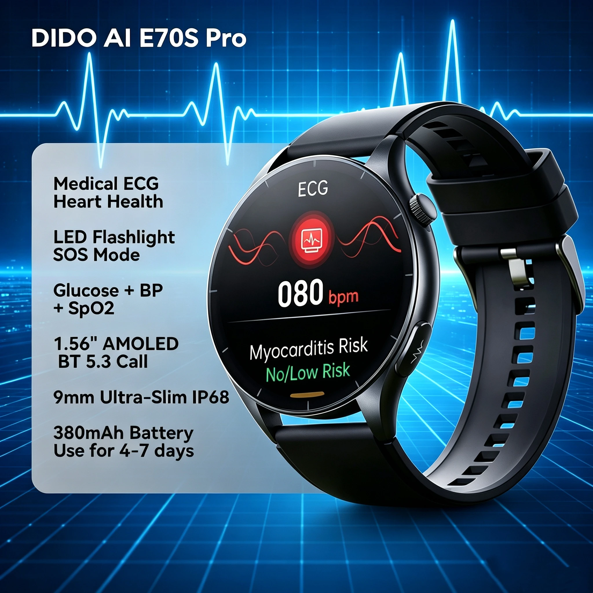 Reloj Inteligente Dido AI E70S Ultrafino de 9 mm con ECG+PPG, Pantalla AMOLED de 1.56 Pulgadas, Linterna, NFC, Monitor de Frecuencia Cardíaca, Oxígeno en Sangre, Monitor de Salud para Personas Mayores