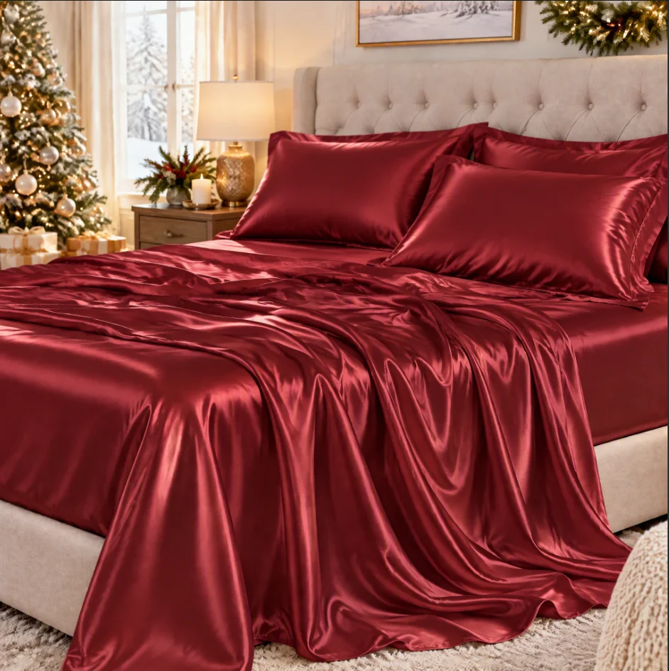 Luxury Satin Fitted Sheet Set, Fitted Sheet + Pillowcase, Christmas Holiday Gift, Xmas Bedroom Decor, Cooling Smooth Breathable Wrinkle Resistant, 3000TC Ultra Soft Bedding, Machine Washable Easy Care for Hot Sleepers Adults, Hotel Apartment We